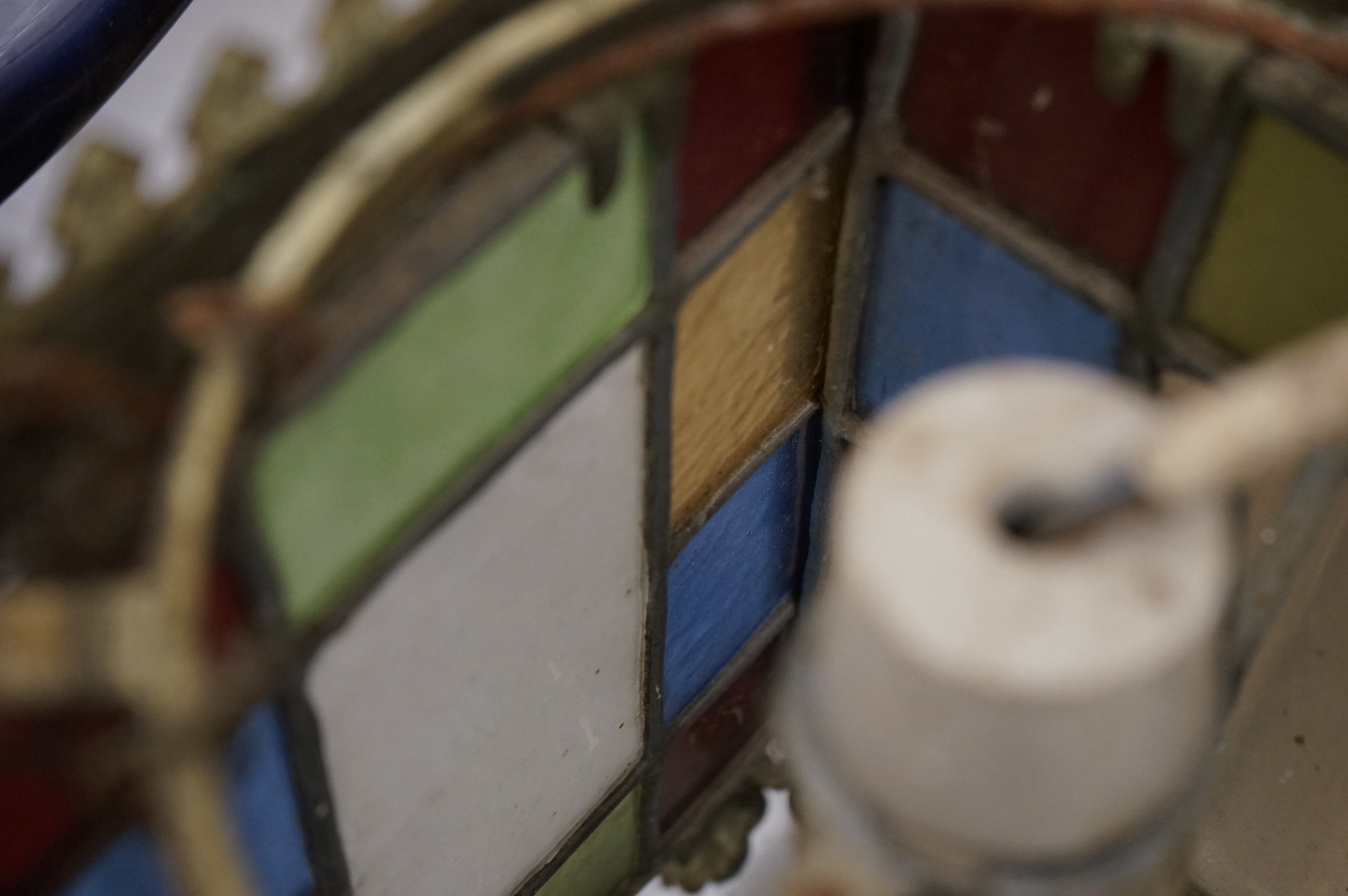 A Victorian/Edwardian stained glass hanging lantern, 28cm high. Condition - fair/good